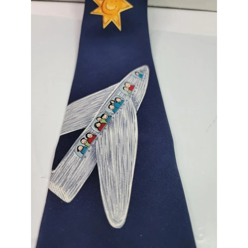 Save the Children Mens Silk Tie Navy Blue Airplane Houses Art Sam Age 10